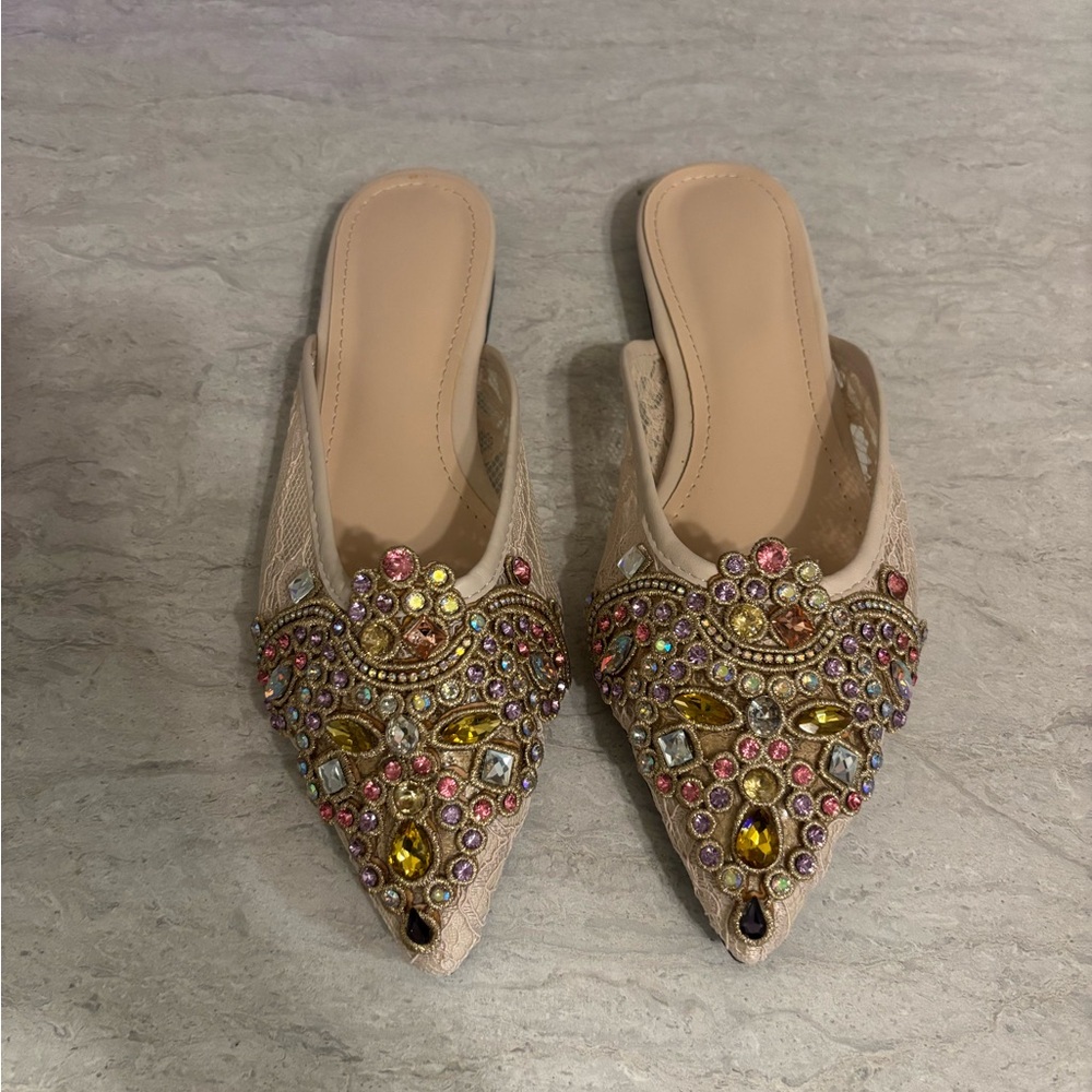Embellished Beige Slip-On Mules
